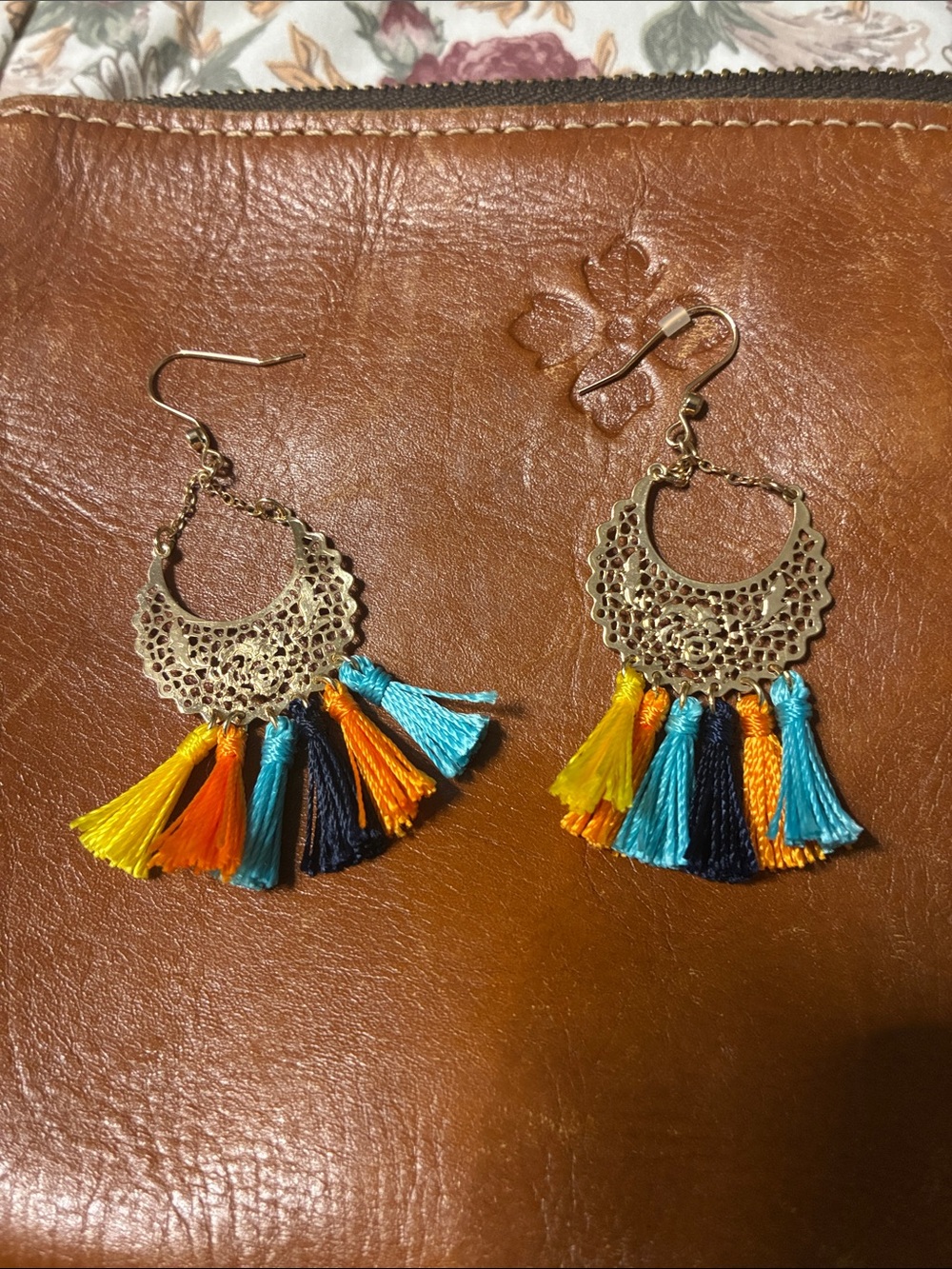 Boho Filigree Tassel Earrings in Turquoise, Orange & Yellow